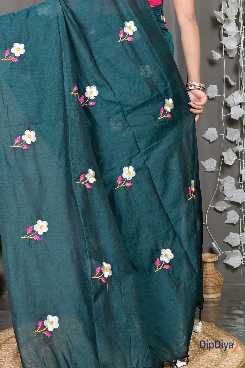 Turquoise Green Pure Cotton Paray Embroidery Handloom saree (297)